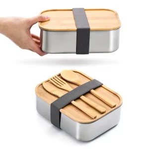 18:8 Stainless Steel Rectangle Lunch Box with Eco-friendly Bamboo Wooden Lid