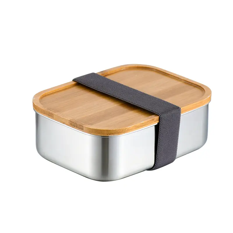 Japanese Style Lunch Box Wooden Lid Stainless Steel Bento Box Food Container