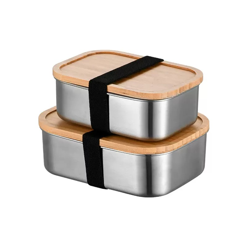 Stainless Steel Bamboo Wooden Cover Lunch Box Food Grade Sushi Box