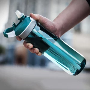 TCKJ Sports Water Bottle, Tritan with Clip Handle, Locking Lid and Straw,Travel Plastic Bottle,Blue,25 oz